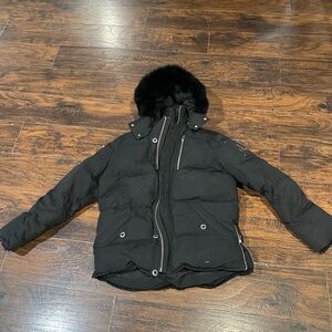 Men's XL Black Puffer Jacket with fur hood( moose knuckles coat need gone asap!)